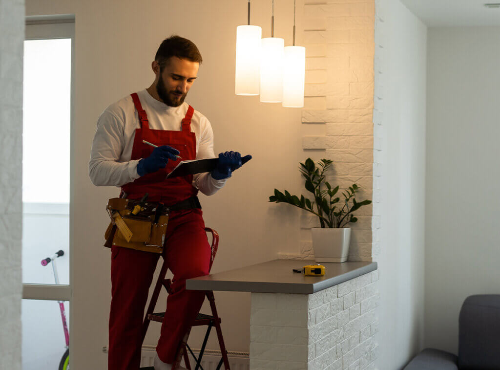 Electrician in living room review clipboard